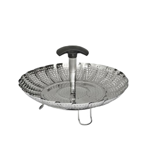 Stainless steel folding steamer basket with extendable handle and foldable legs for versatile kitchen use under $50