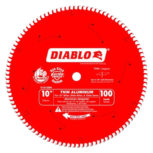 Red 10-inch saw blade with 100 carbide teeth designed for aluminum cutting in woodworking tool accessories under 100 dollars