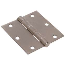 Satin nickel door hinge with square corners, six mounting holes, for residential hardware and home improvement use
