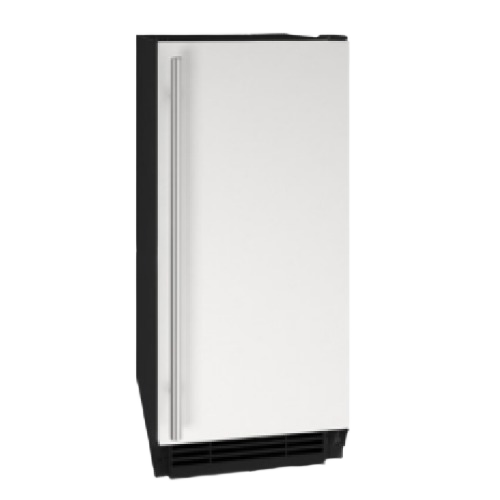 Freestanding clear ice machine with reversible door and vertical handle in modern kitchen appliances collection