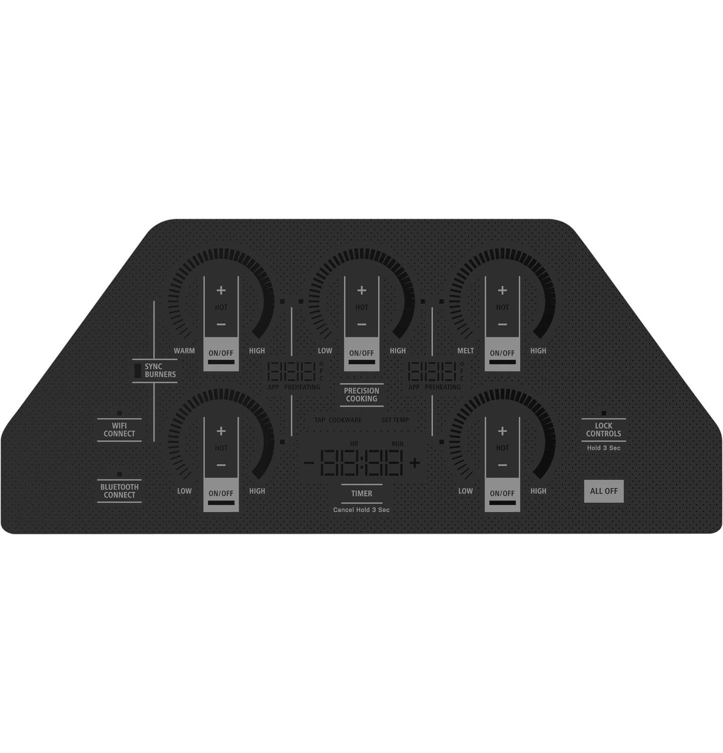 Black control panel for induction cooktop with touch buttons, digital displays, and connectivity features from Cooktops collection