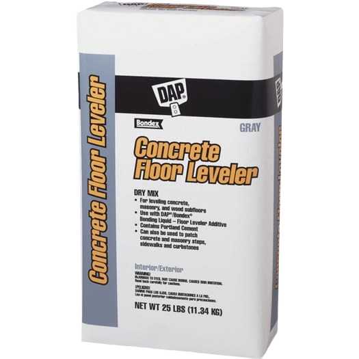 25 lb. gray concrete floor leveling compound bag designed for interior and exterior use on concrete, masonry, and wood subfloors in Home Improvement collections.
