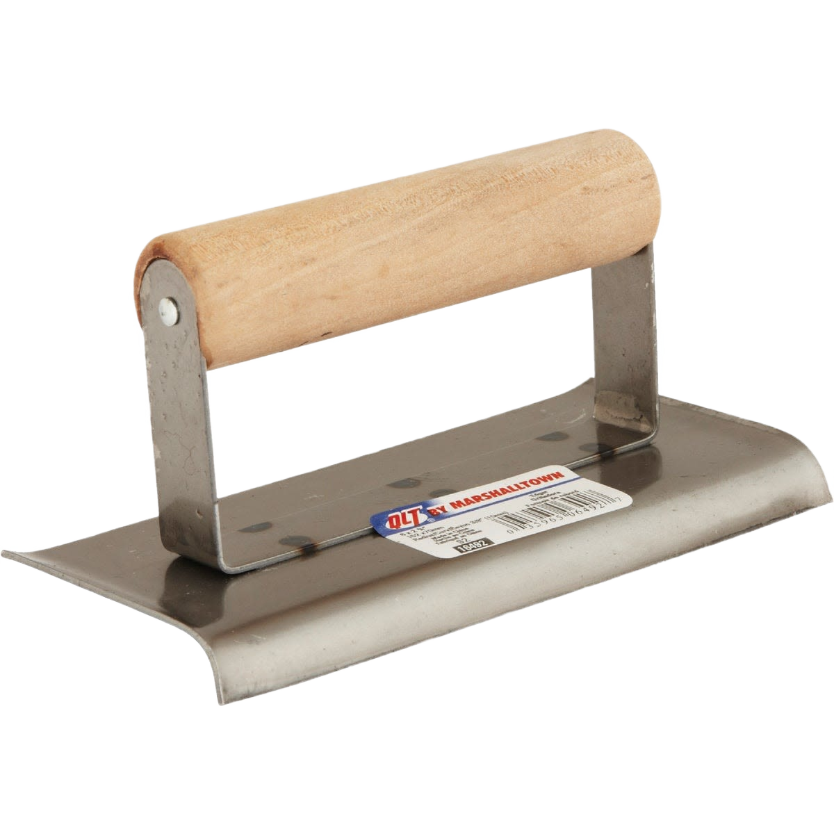 Hand tool with wooden handle and curved metal blade for shaping concrete edges in home improvement projects