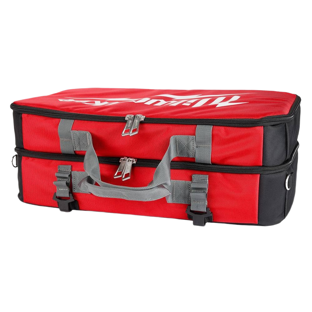 Red and black storage bag with tear-resistant ballistic fabric and metal hardware for woodworking and home improvement tools