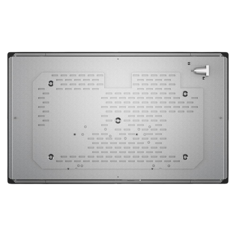 Underside view of a stainless steel electric cooktop panel with ventilation slots and mounting points in appliances collection