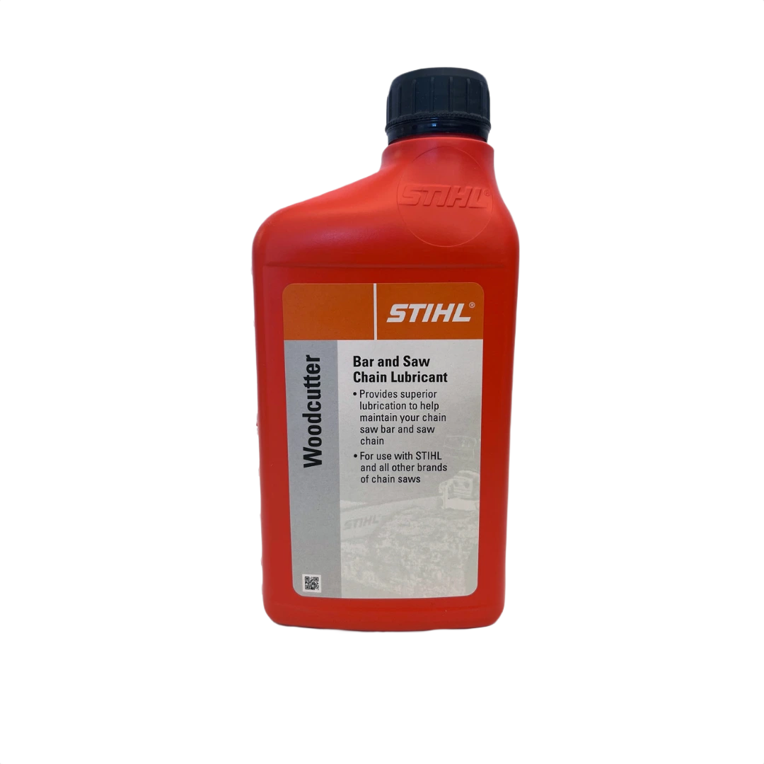 Red plastic bottle of STIHL woodcutter oil designed for bar and chain lubrication in tools and home improvement.
