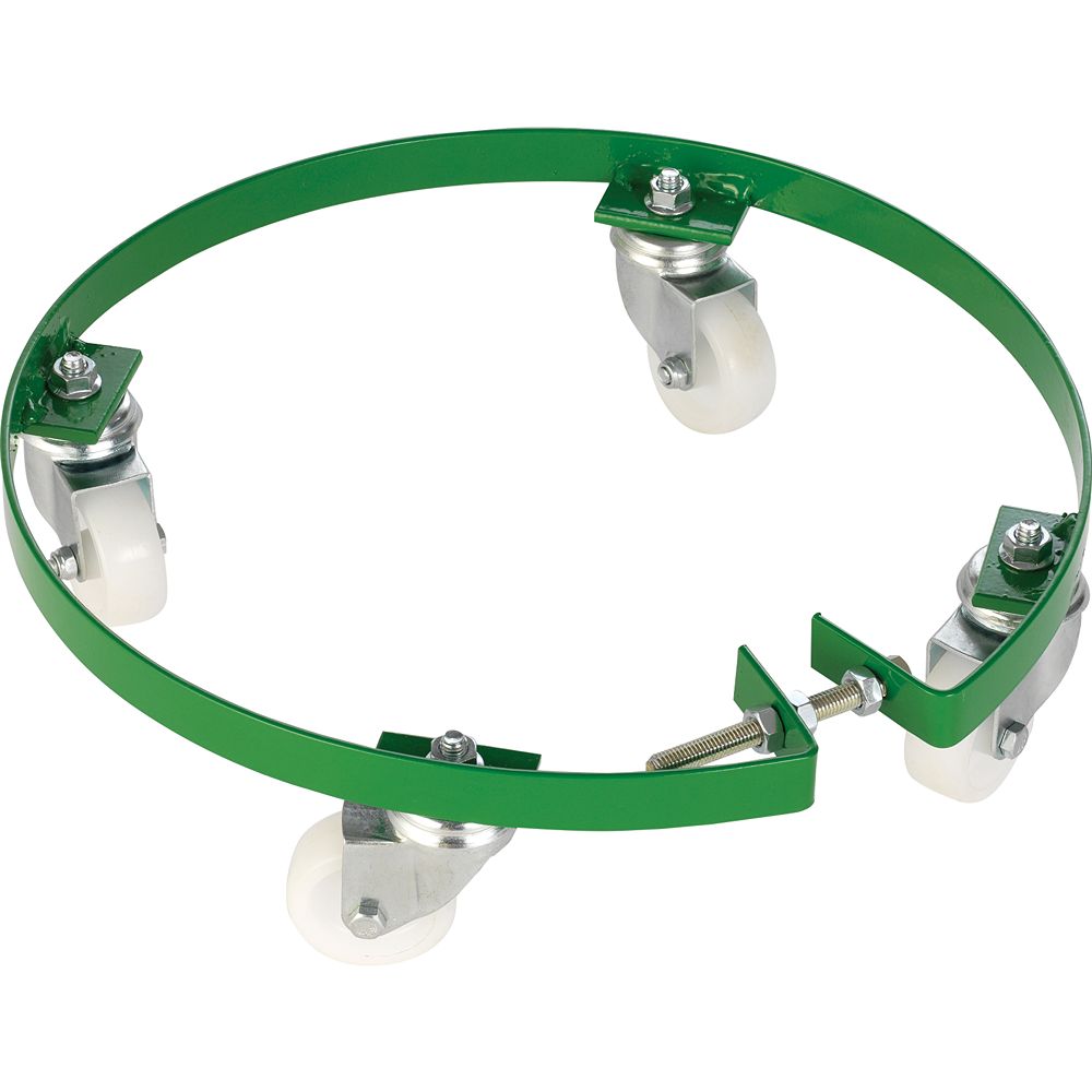 Green metal circular caster frame with four white swivel wheels and adjustable tightening bolt for mobility and support