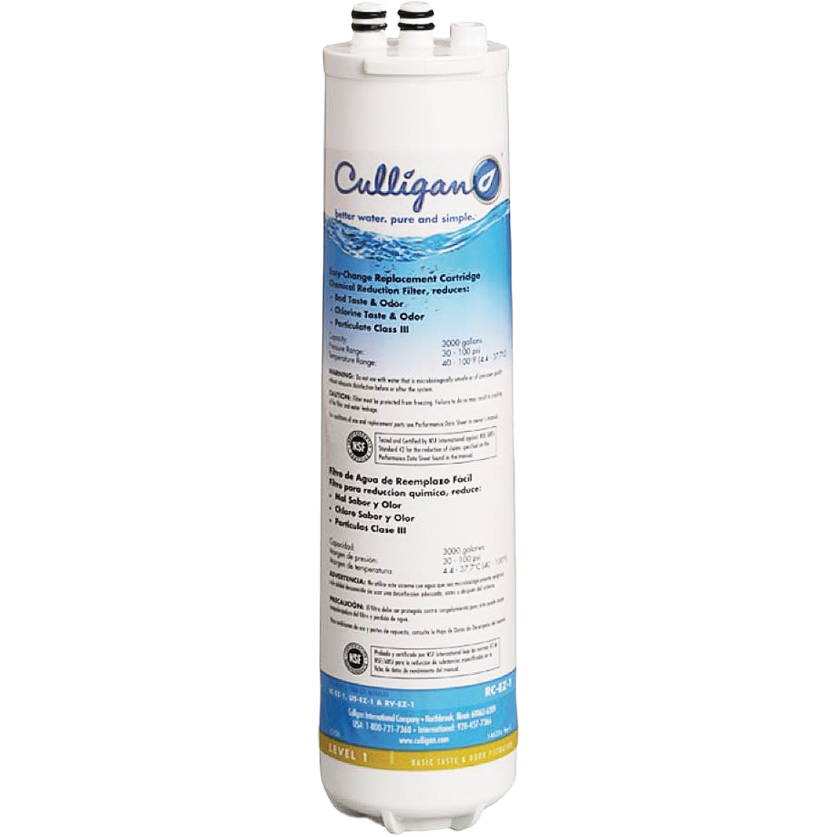 White cylindrical water filter cartridge with blue label for refrigerator and icemaker water replacement tasks