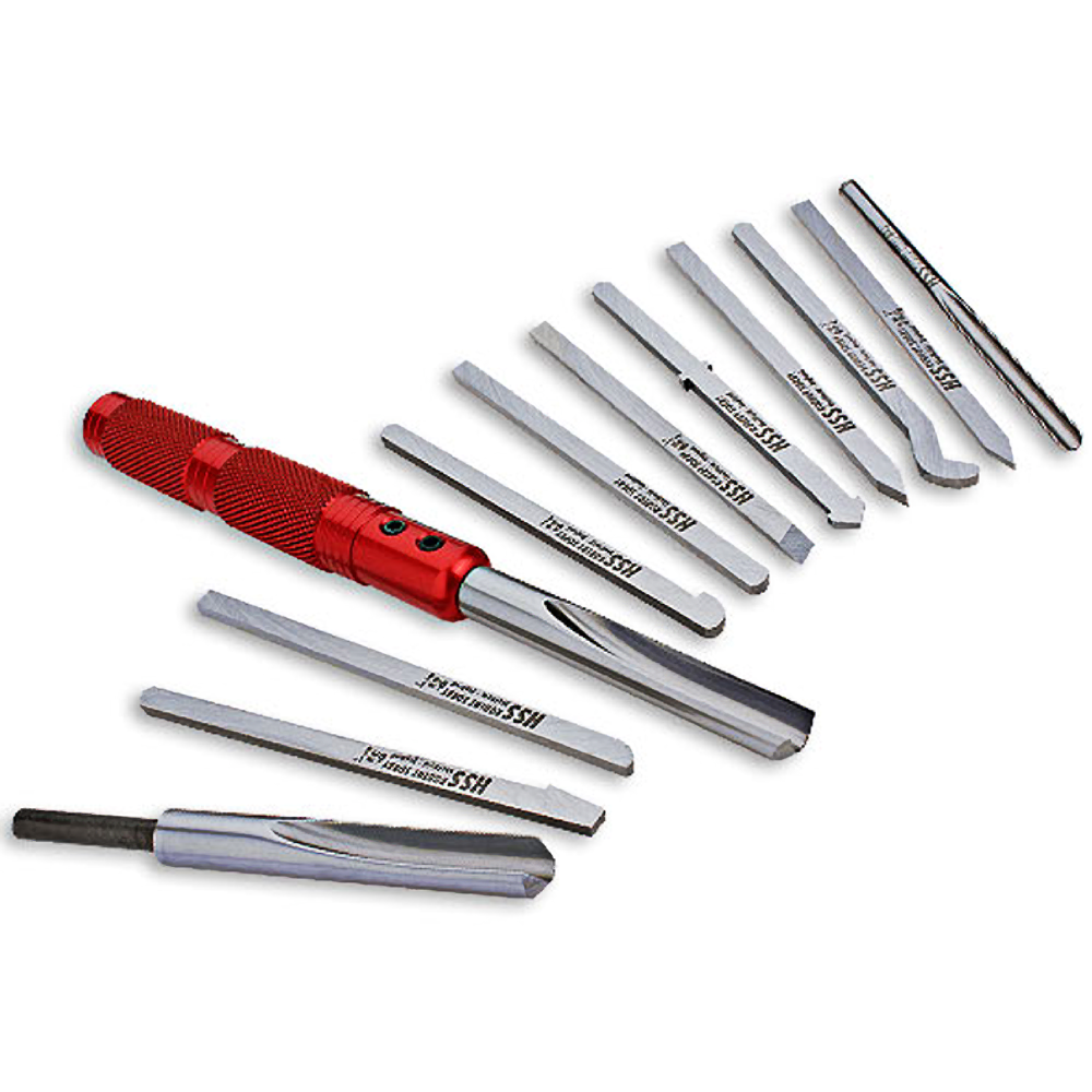 Precision micro turning tool set with modular steel tool bits and red aluminum handle for woodturning projects