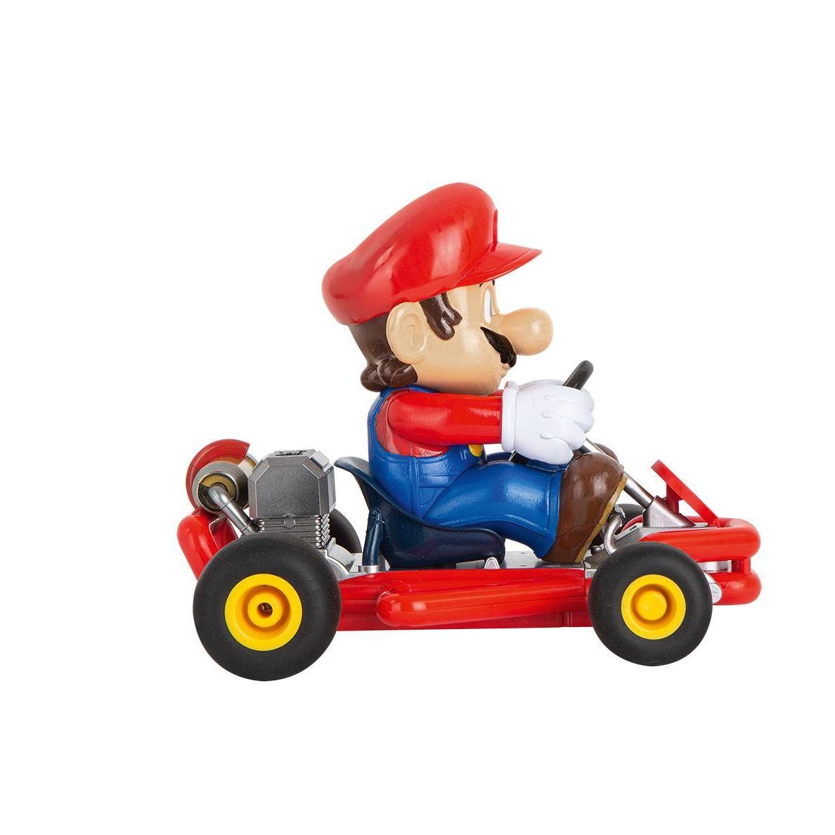 Side view of red pipe kart with Mario figure wearing blue overalls and red cap gripping the steering wheel