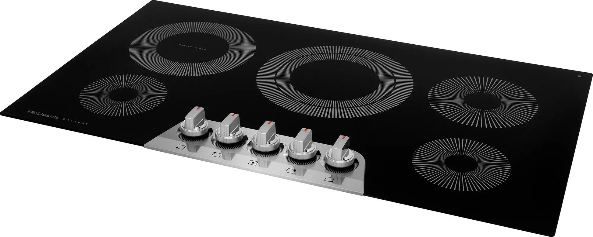 Black glass 36-inch electric cooktop with five front-mounted silver control knobs and radiant heating elements from cooktops collection