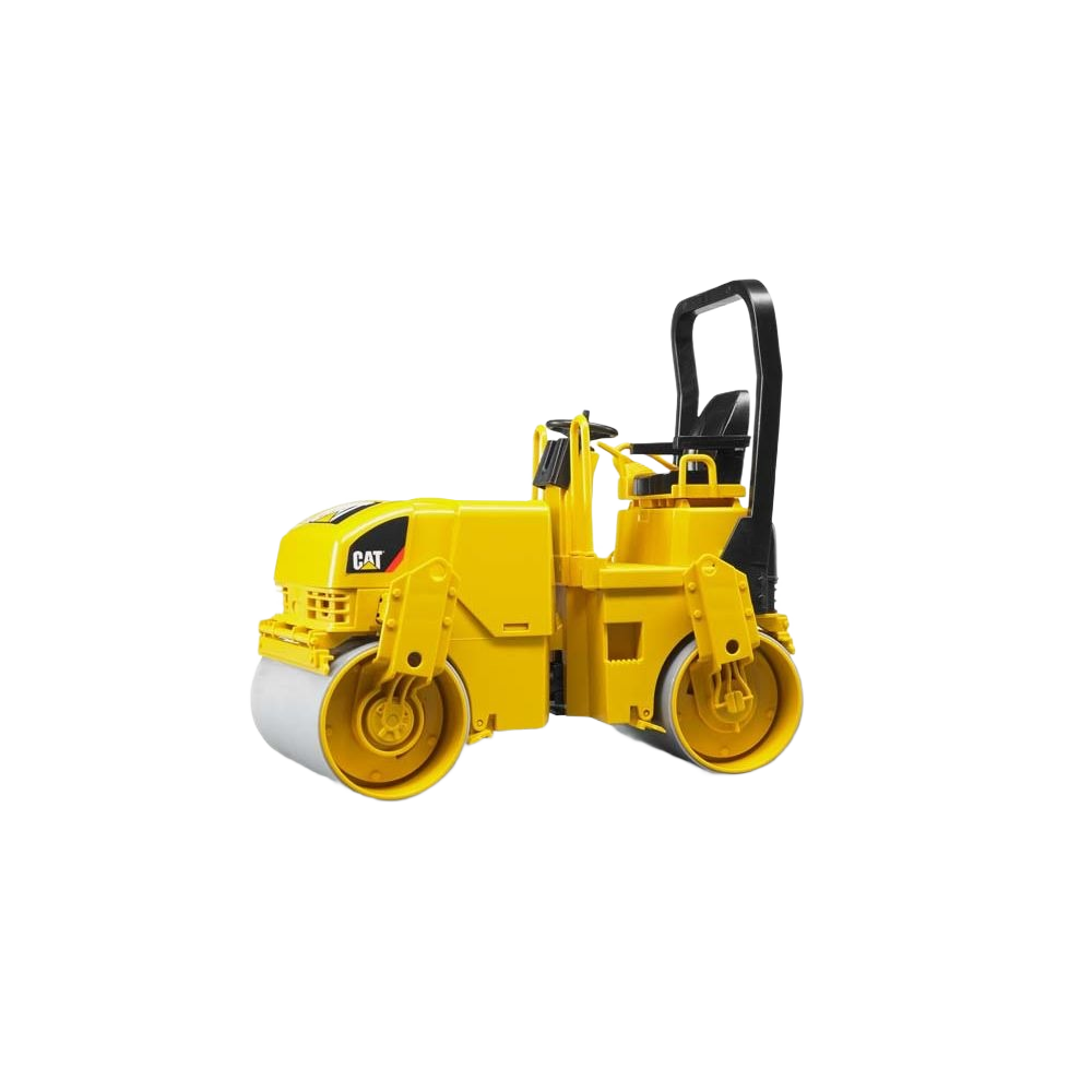 Yellow 1:16 scale model of a CAT asphalt compactor with detailed rollers for construction toy collection