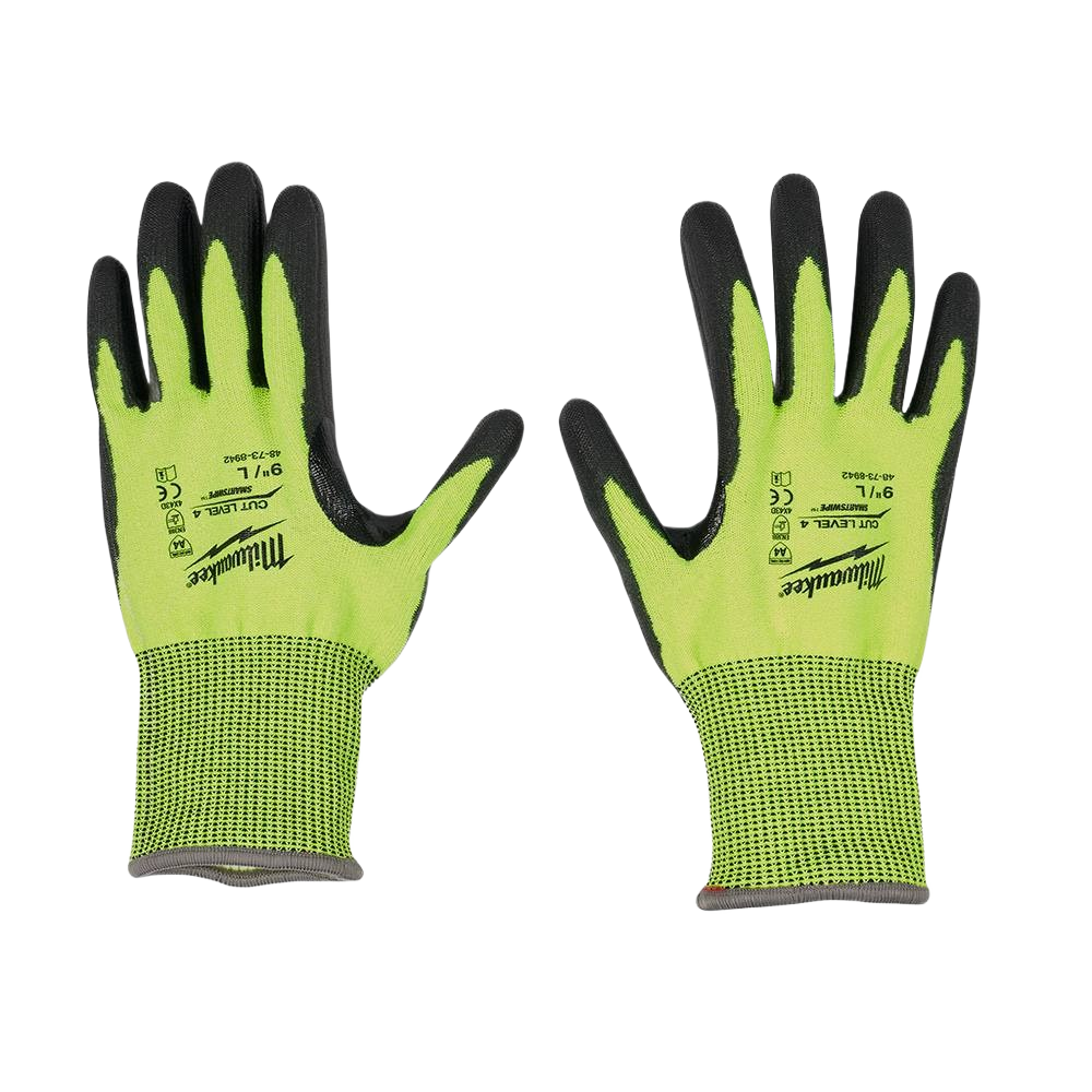 Pair of large hi-vis yellow-green gloves with black polyurethane coating, cut resistant level 4 for safety and work use