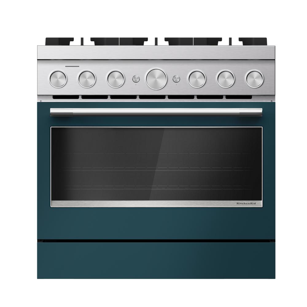 36-inch dual fuel range with six gas burners in bold blue finish, stainless steel controls, and large window oven door