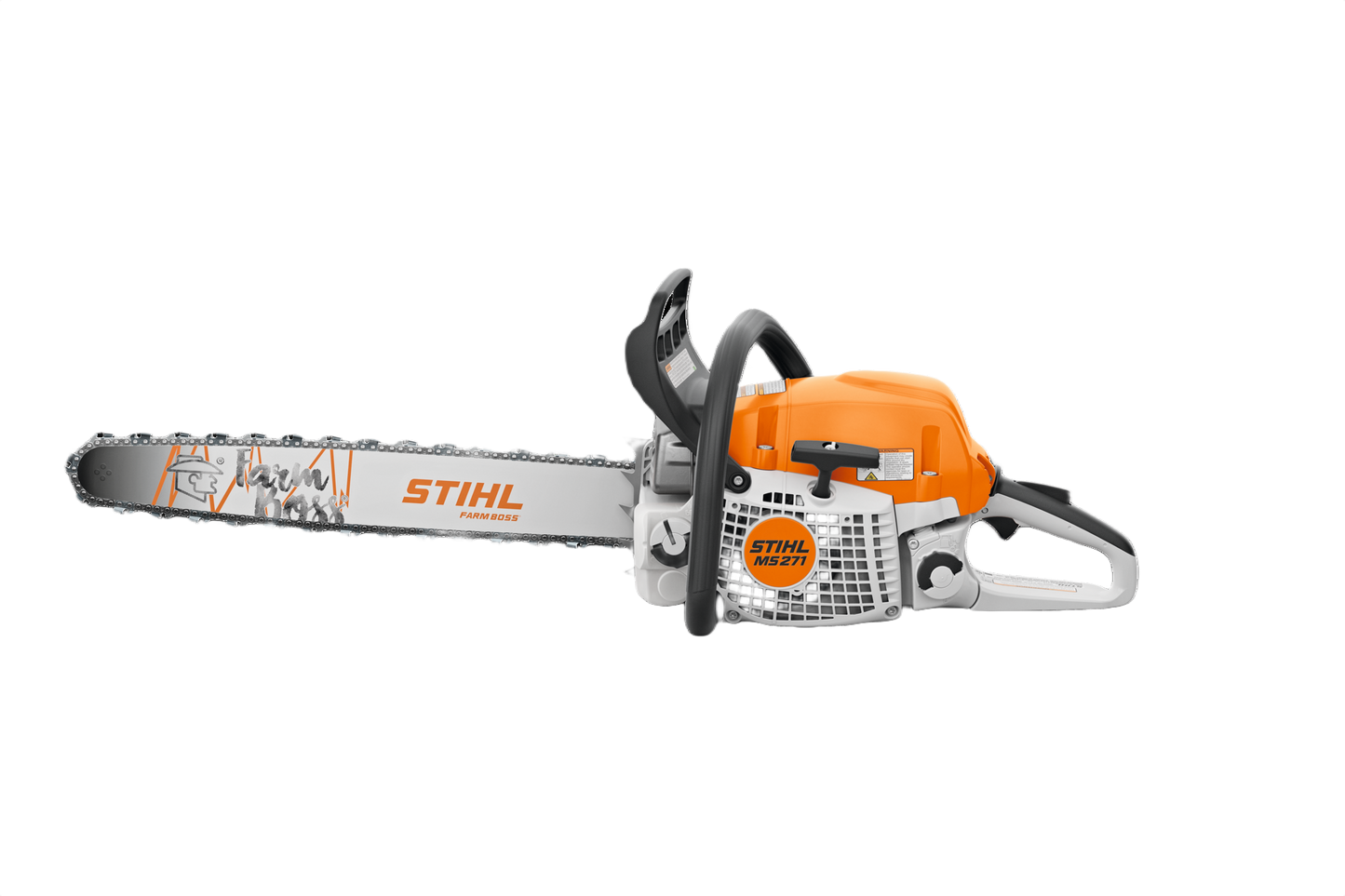 Orange and white gas chainsaw with 18-inch bar designed for farm and home improvement tools use