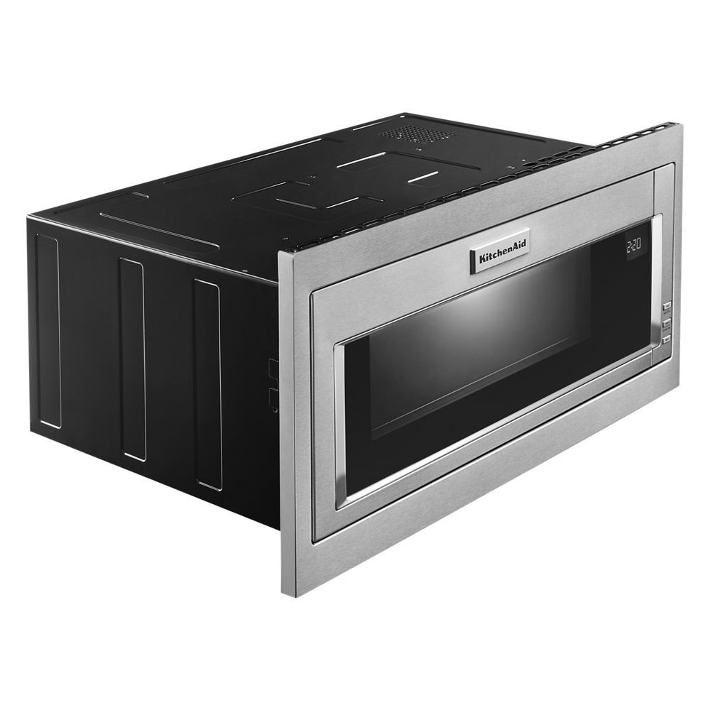Built-in low profile stainless steel microwave with digital display and slim trim kit for modern kitchens