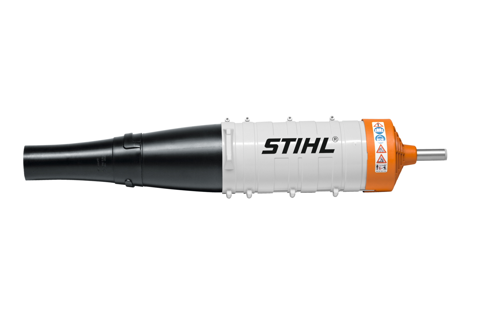 Multi-stage axial blower attachment in white, black, and orange for outdoor cleanup in Trimmers & Edgers and Home Improvement collections