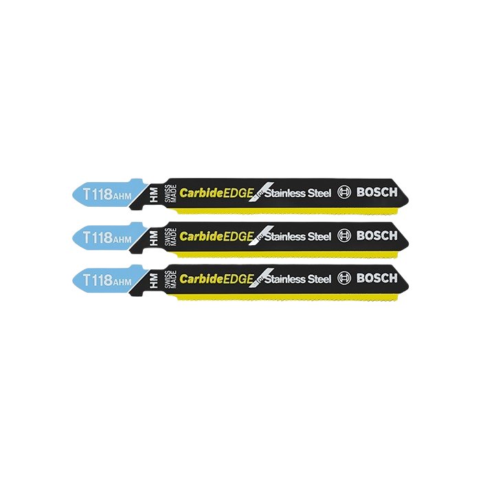 Three Bosch stainless steel T-shank jigsaw blades with carbide edges for woodworking tool accessories under $50 collection