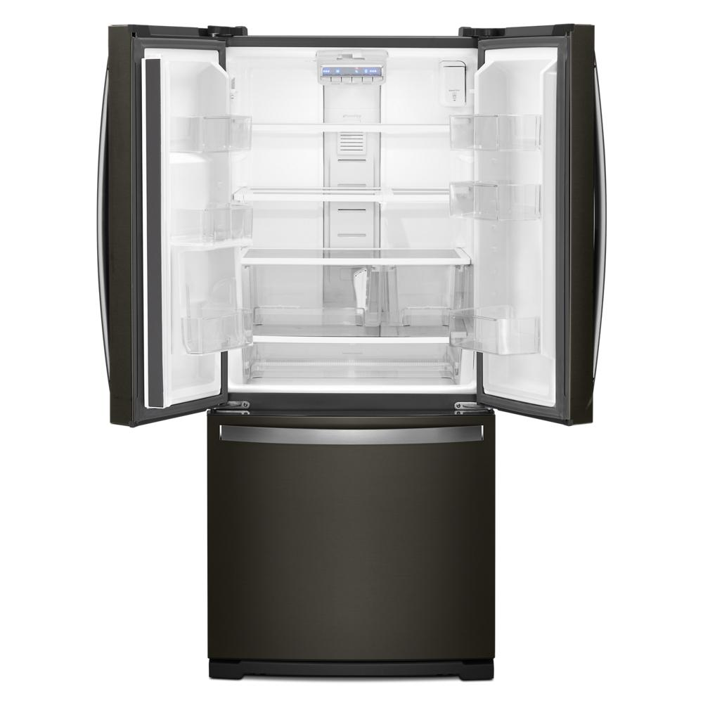 Open black stainless steel French door refrigerator with spacious clear shelves and bottom freezer drawer in kitchen appliances collection