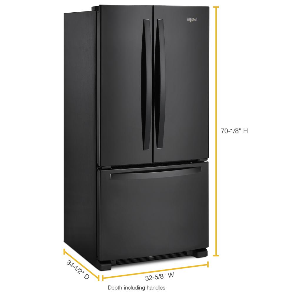 Three-quarter view of black Whirlpool French door refrigerator with bottom freezer drawer in kitchen appliances collection
