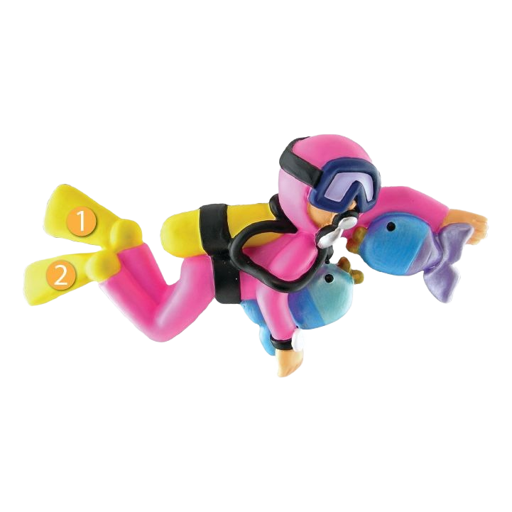 Pink female scuba diver ornament with yellow fins swimming alongside colorful tropical fish in Christmas decoration collection
