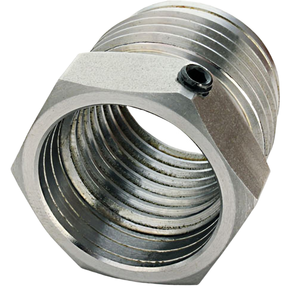 Threaded steel adapter insert with hexagonal outer shape for woodworking tool accessories and home improvement projects