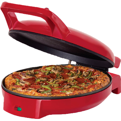 Red electric skillet with open lid cooking a pepperoni and vegetable pizza for small kitchen appliances collection