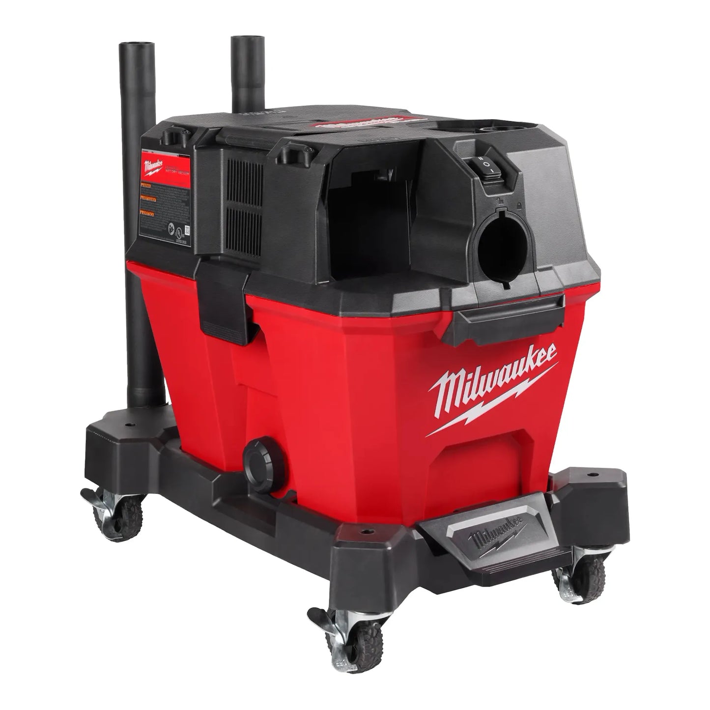 Red and black wet/dry vacuum with caster wheels designed for heavy-duty cleaning and home improvement projects