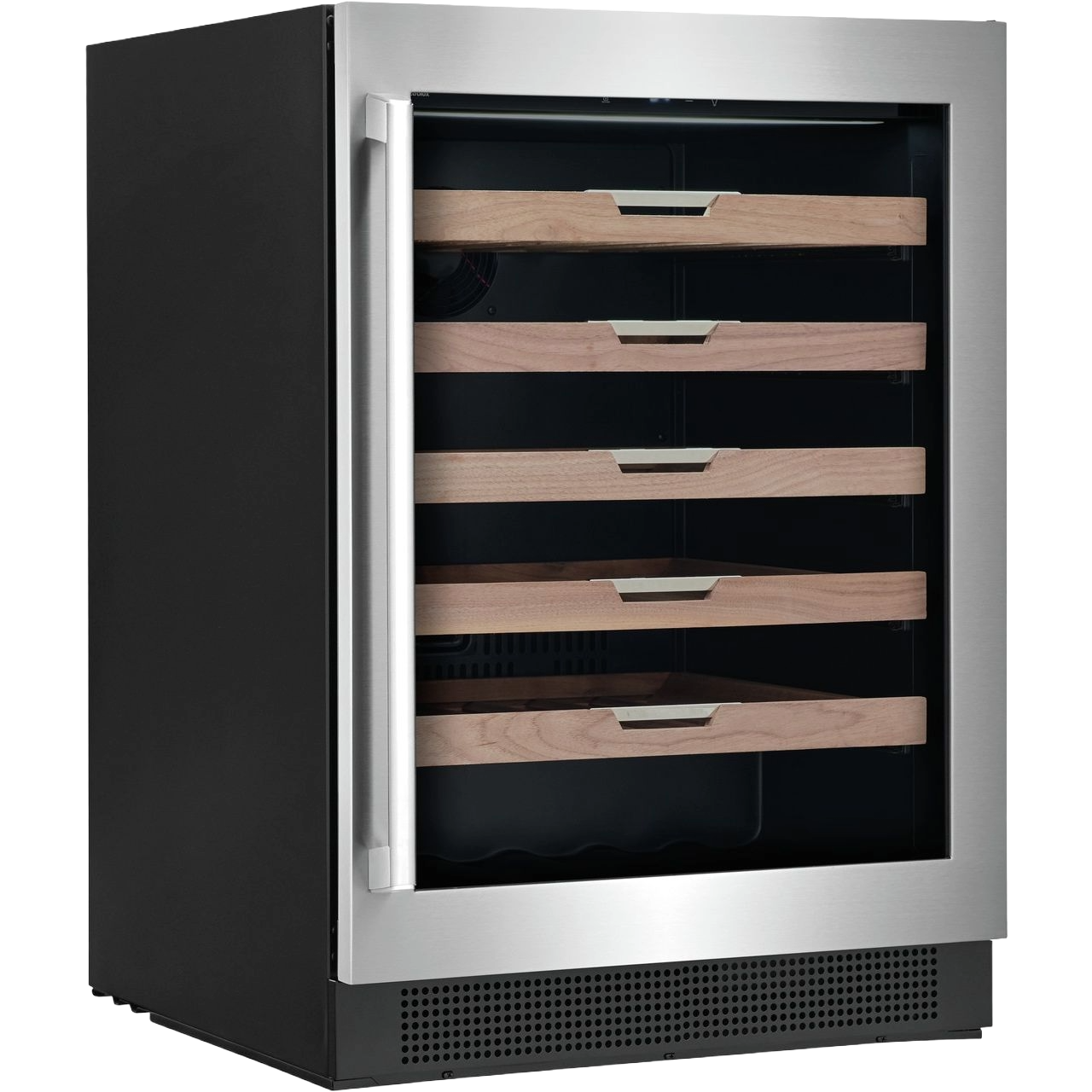 Stainless steel under-counter wine cooler with wooden shelves in kitchen appliance collection and beverage centers