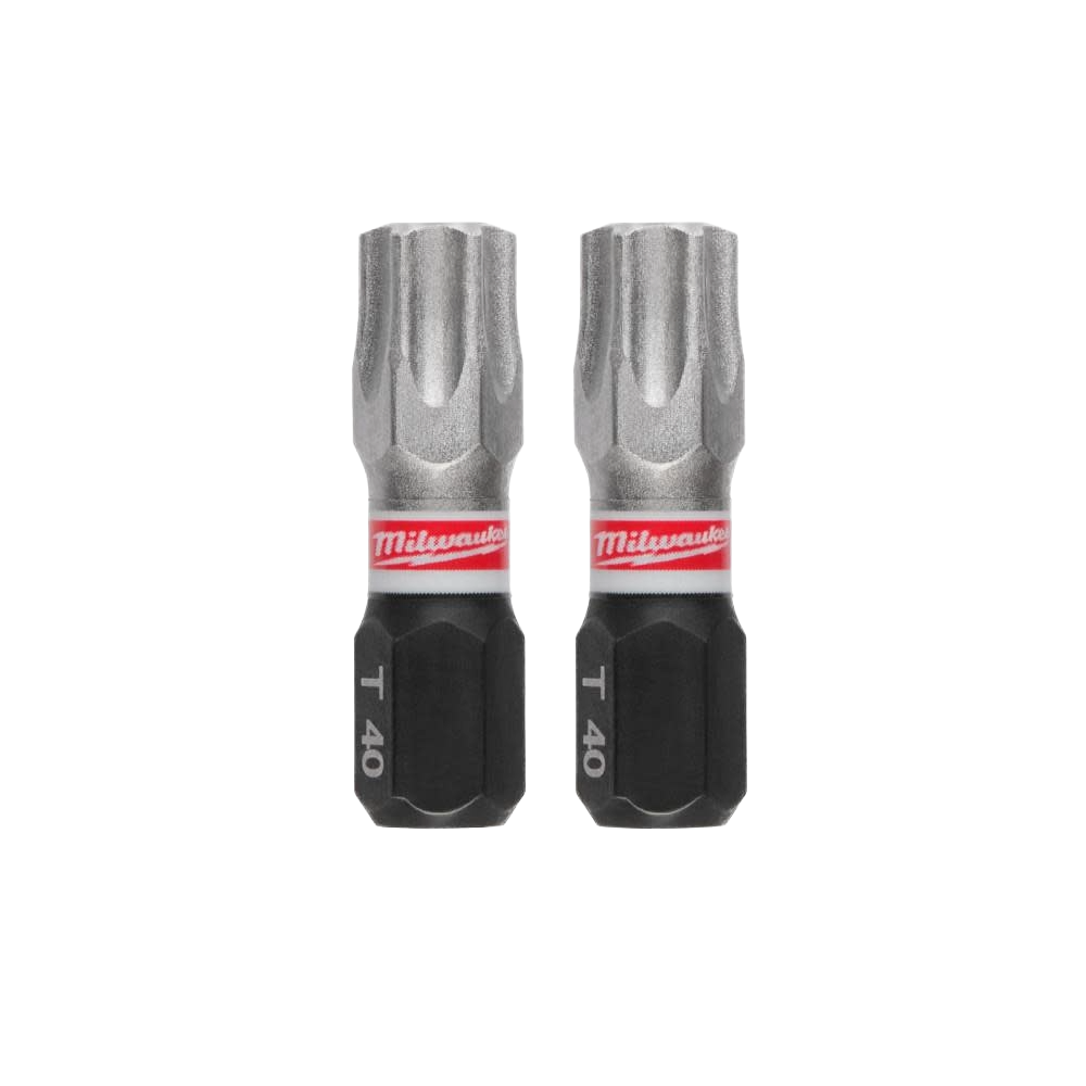 Pair of impact duty T40 insert bits with red Milwaukee label for power tool accessories in home improvement