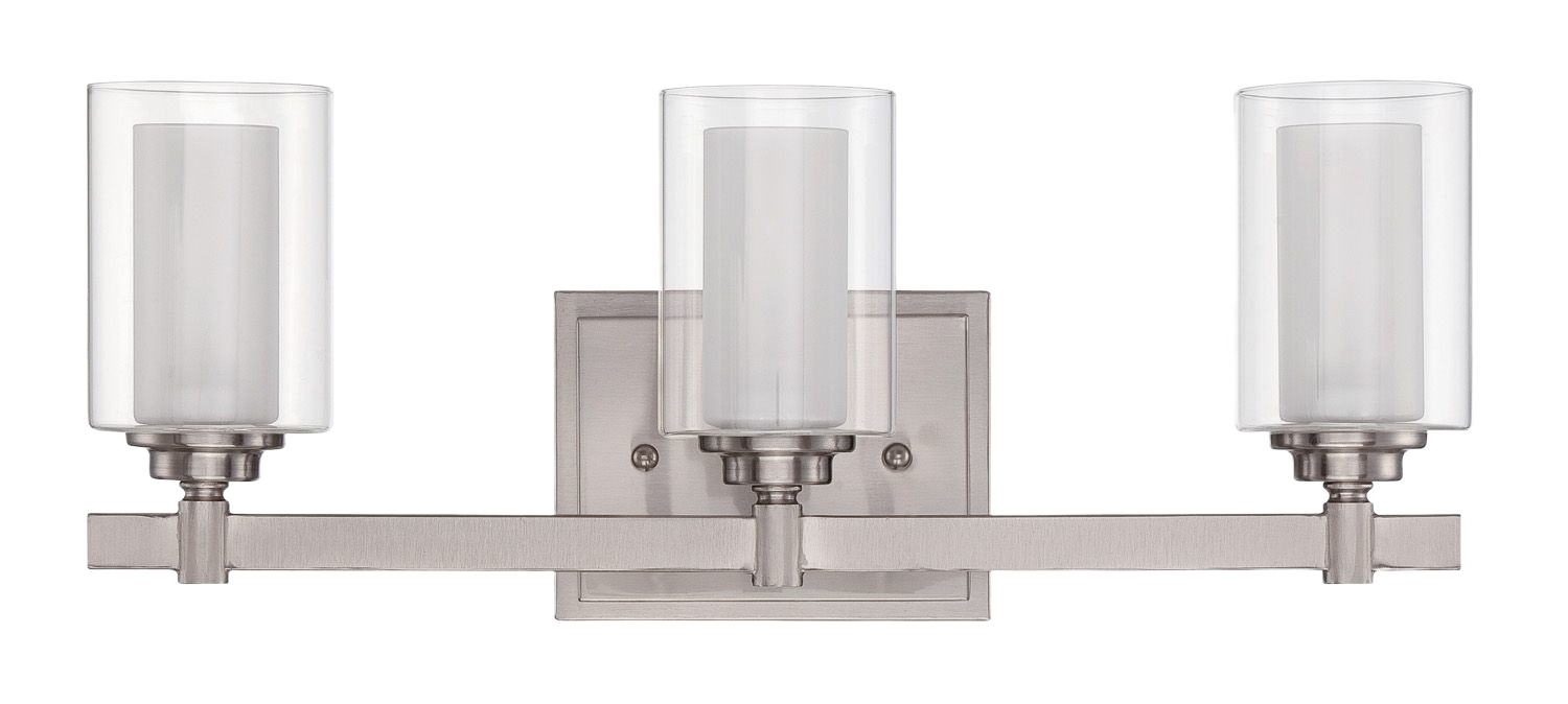 Three-light brushed nickel vanity fixture with clear glass shades for modern bathroom wall lighting and home improvement