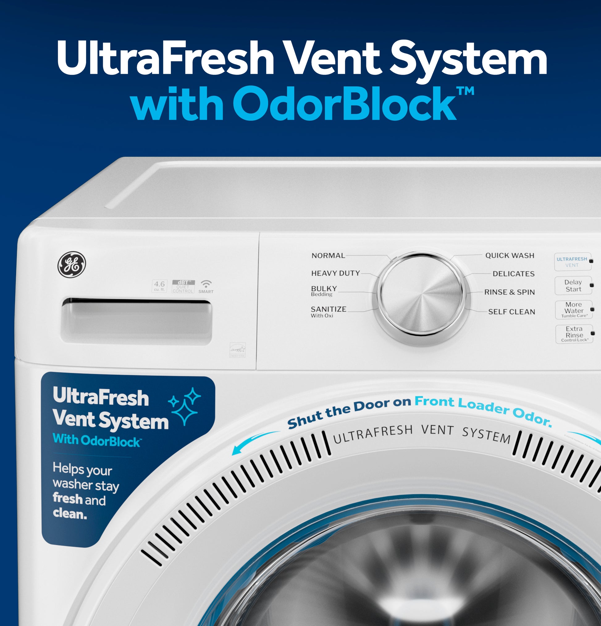 White front load washer featuring UltraFresh Vent System with OdorBlock and digital controls in washers collection
