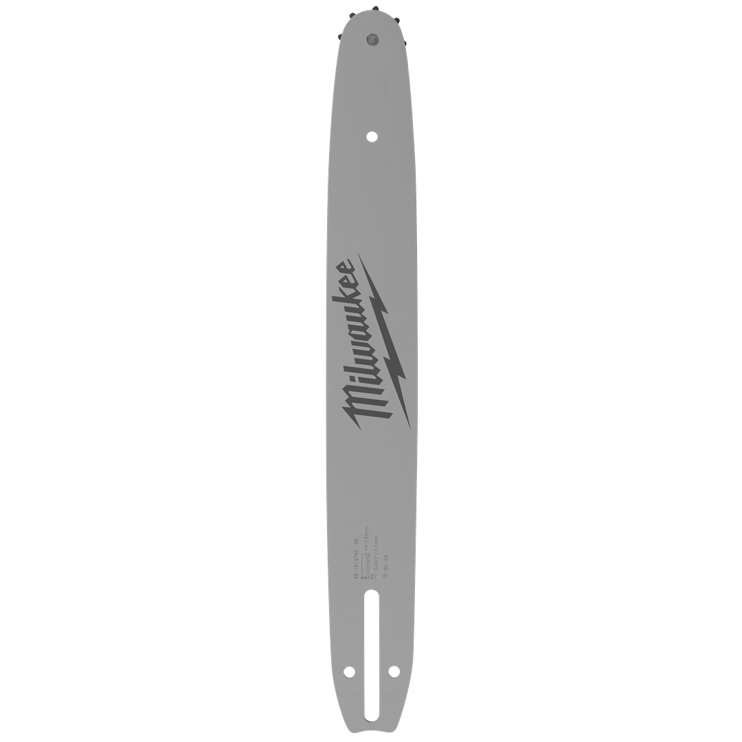 Gray 14-inch top handle chainsaw guide bar with Milwaukee branding for tools and home improvement use