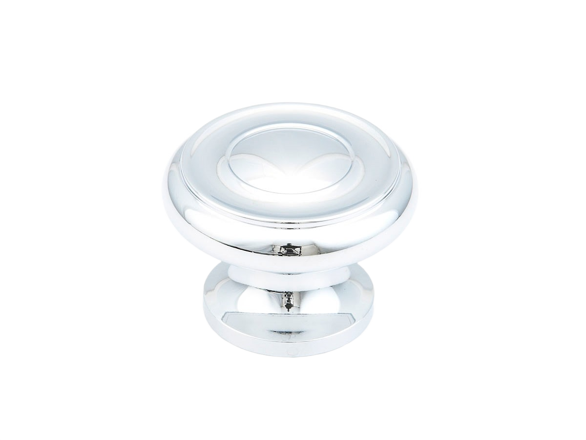 Polished chrome solid brass cabinet knob with traditional rounded design for furniture hardware and home improvement projects