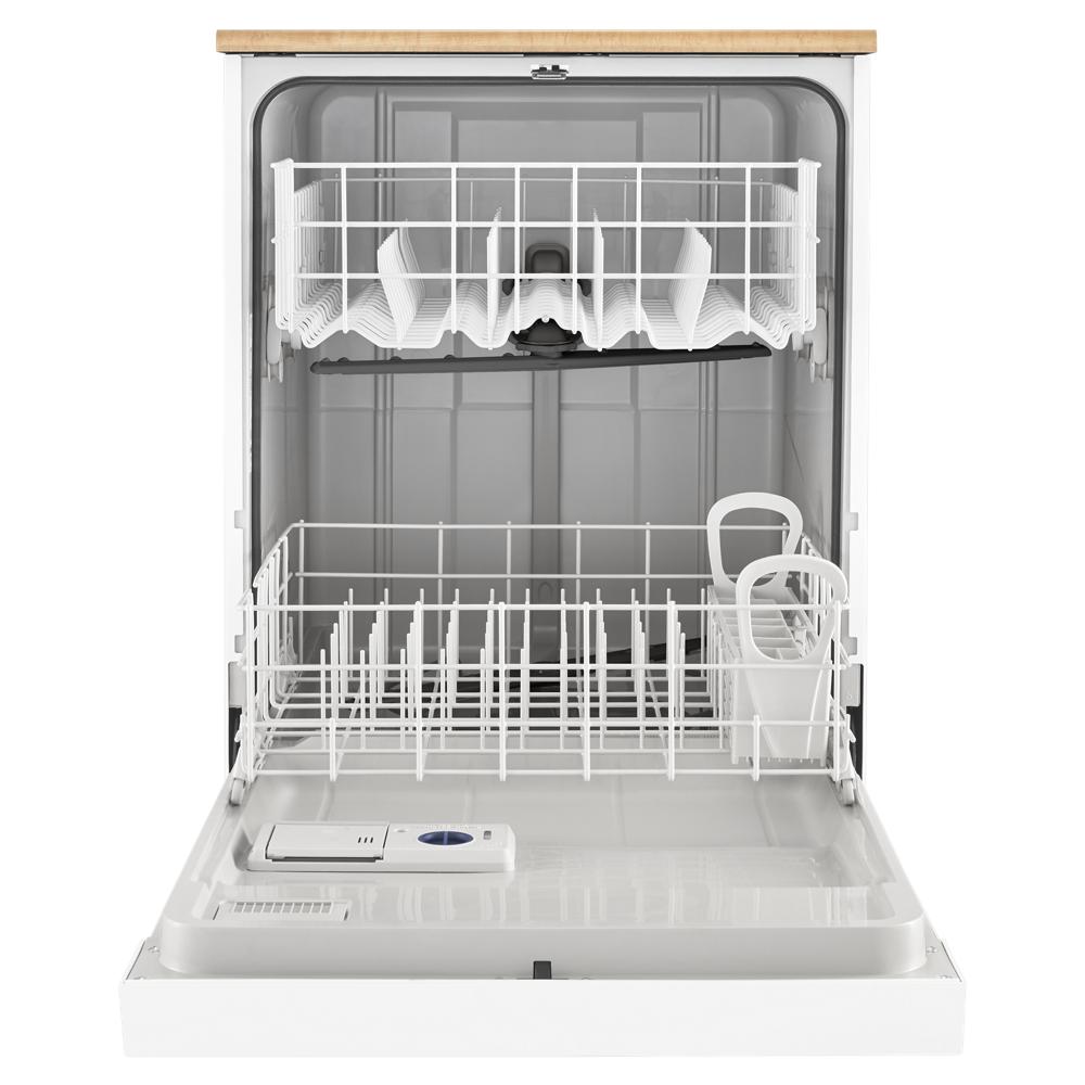 Open heavy-duty dishwasher with empty racks and detergent compartment in kitchen appliances collection for home improvement