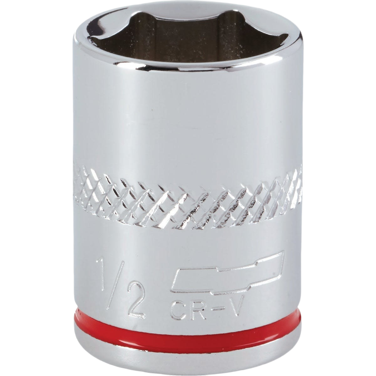 Chrome plated 6-point shallow standard socket with red identification band for use in hand tools and woodworking collections