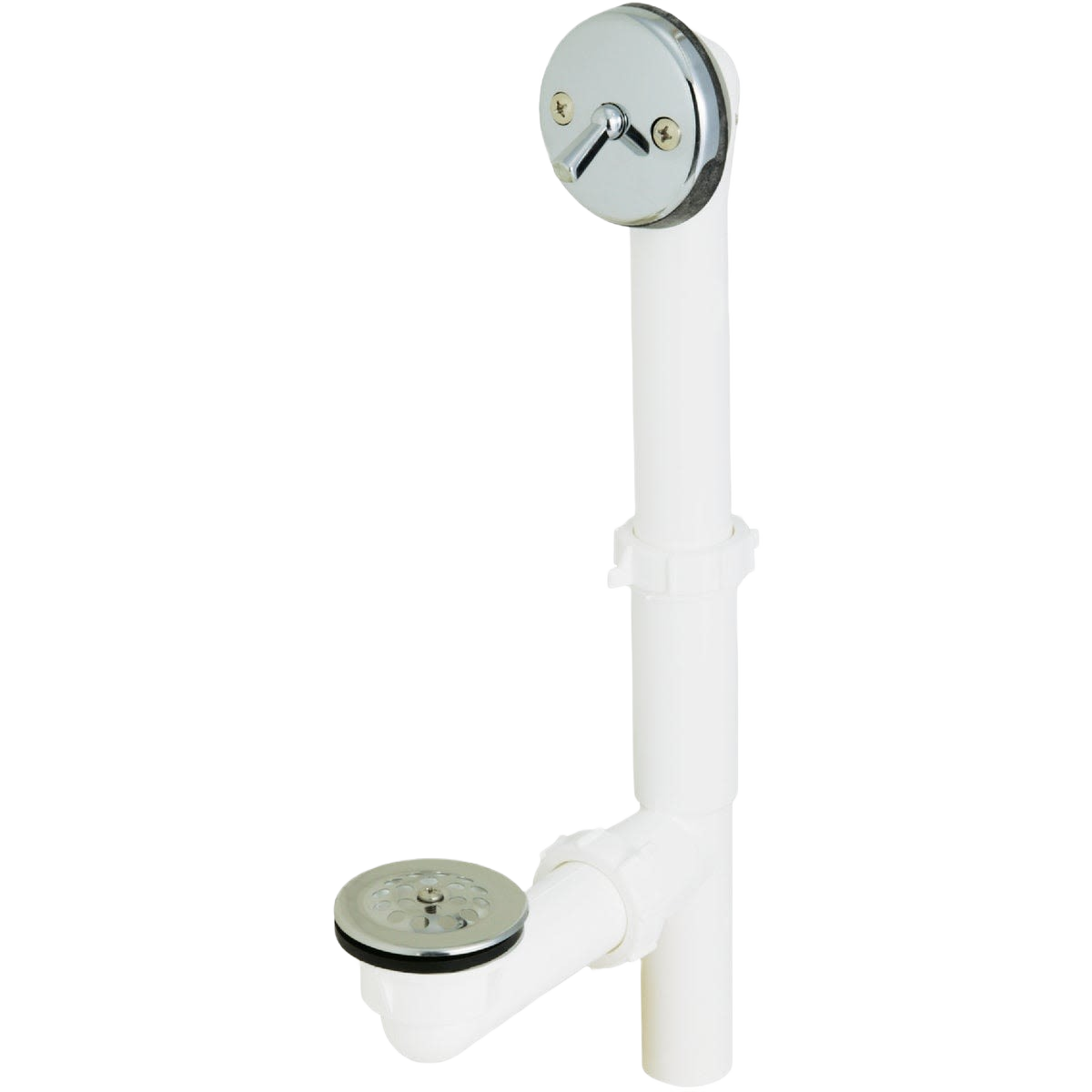 White plastic bath drain assembly with trip lever and strainer for plumbing and shower repair under $50 collection