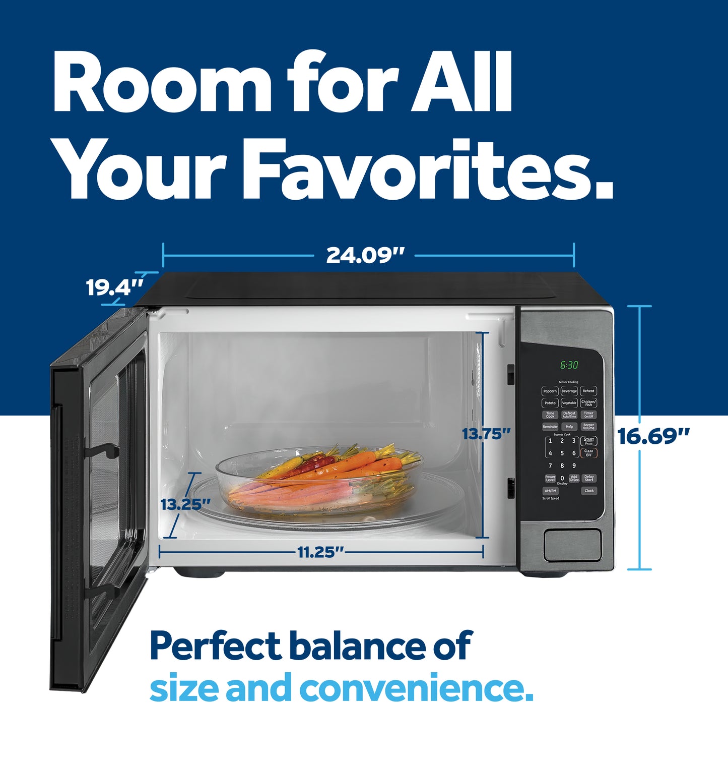 Open countertop microwave oven showing interior dimensions with digital control panel from Microwaves collection