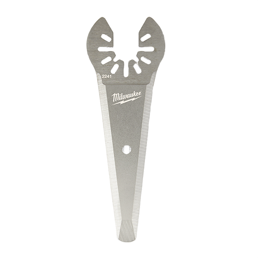 Stainless steel tapered cutting blade with Milwaukee logo for oscillating tool accessories in woodworking and power tools collections