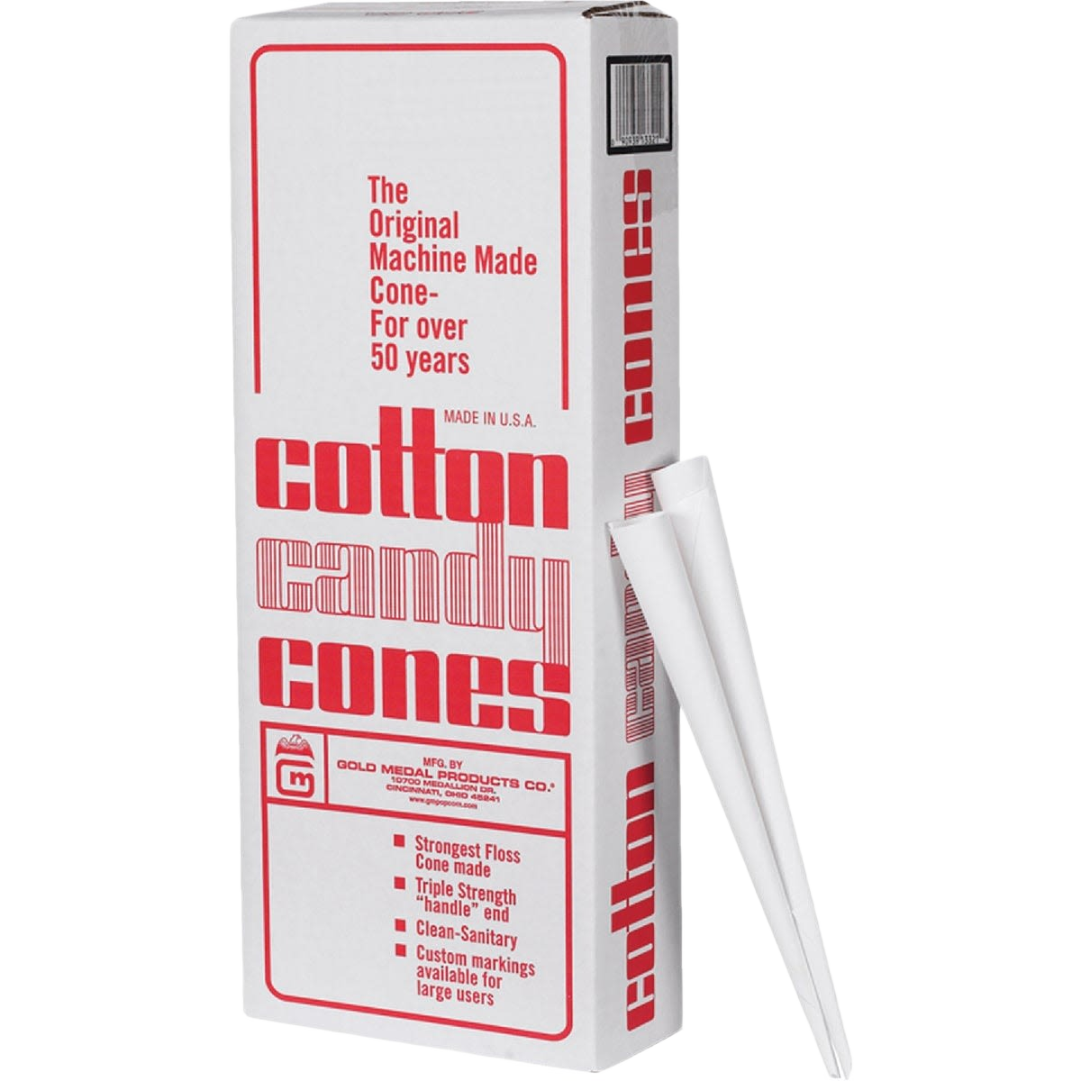 Box of sturdy southern kraft paper cotton candy cones with triple-wrapped handles for durability in food and beverage use
