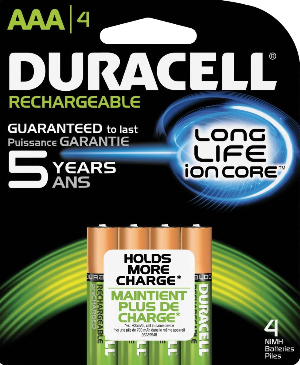 Duracell rechargeable AAA batteries pack of four with long-lasting power and guaranteed performance for tools and home use