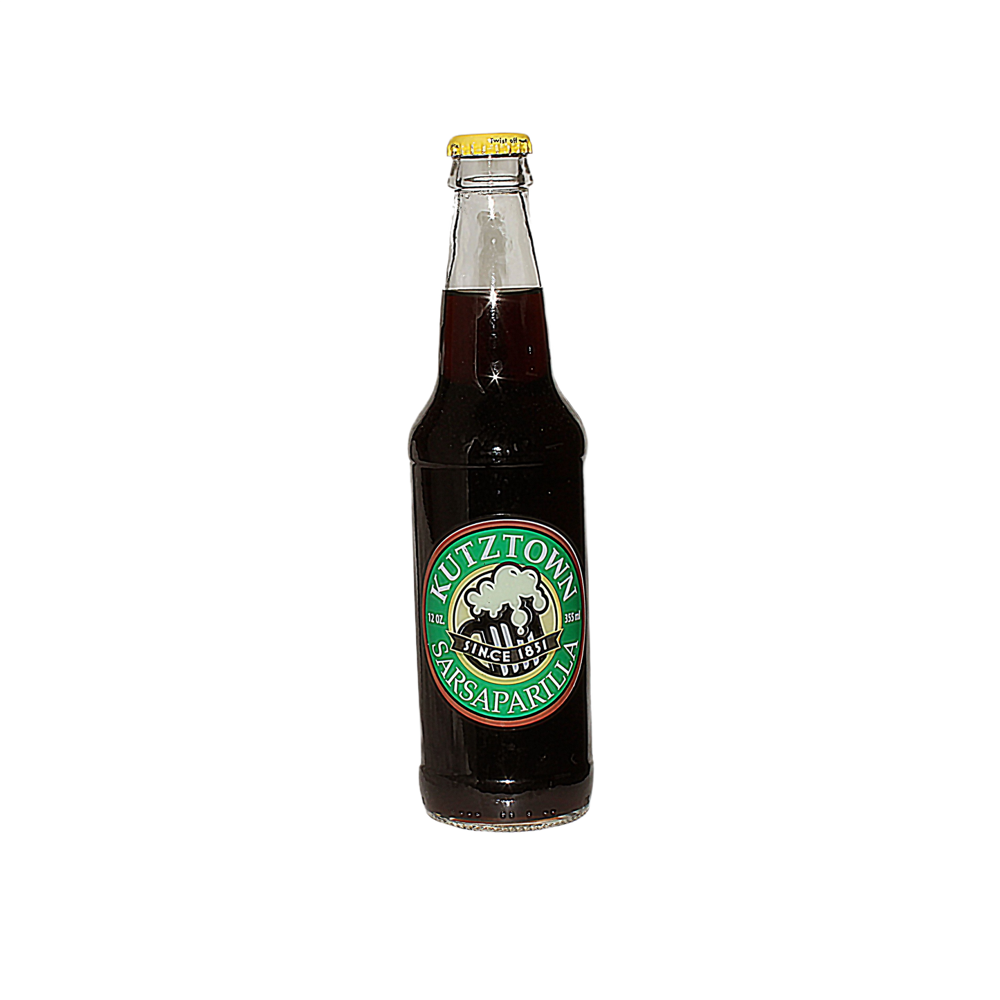 Glass bottle of dark sarsaparilla soda with green and yellow vintage-style label and yellow cap
