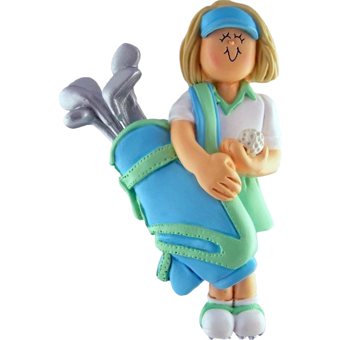 Blonde female golfer ornament holding golf ball and blue golf bag with clubs from Christmas Ornaments collection