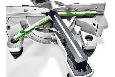Close-up of a cordless compound miter saw with sliding feature, part of a woodworking power tool combo kit.