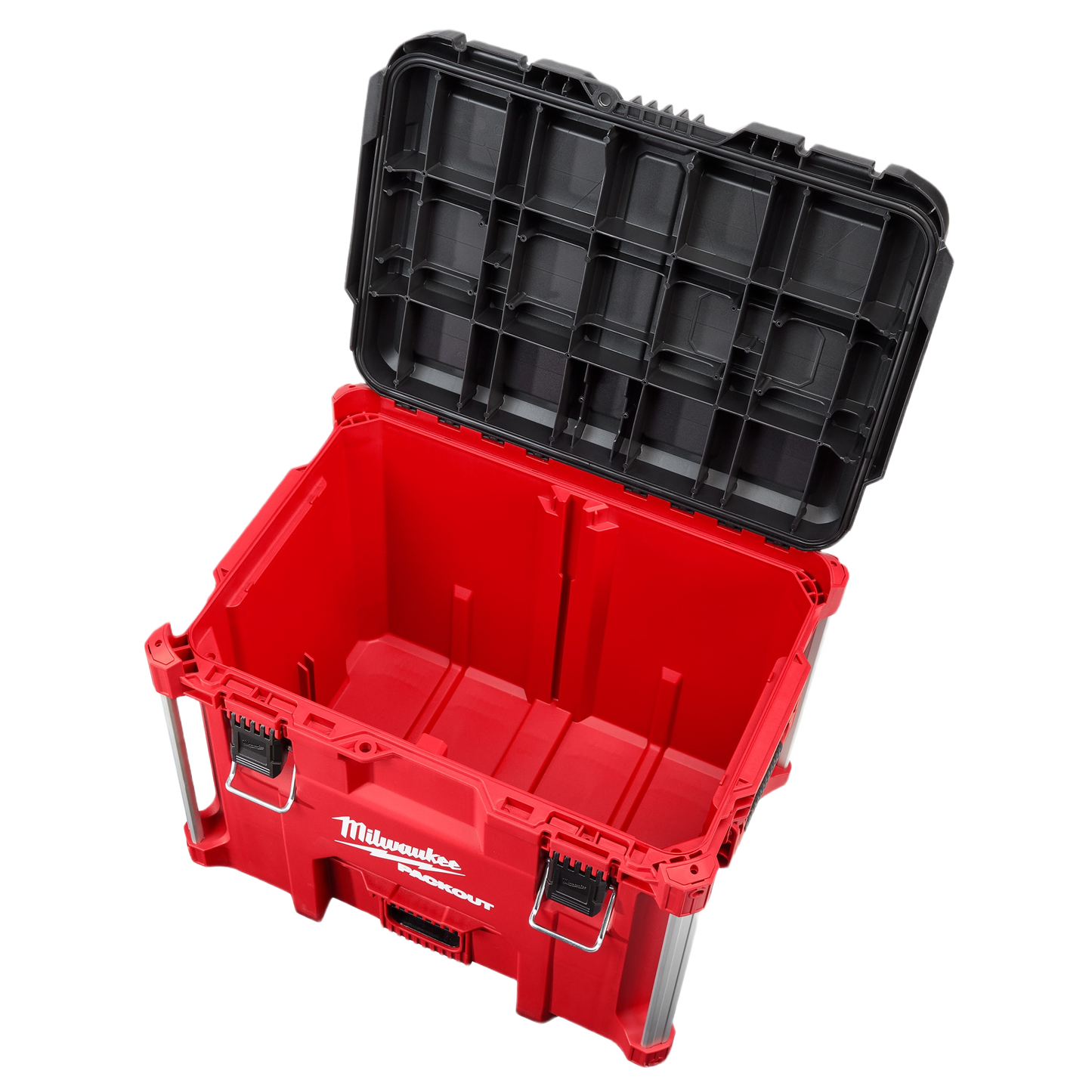 Large red and black jobsite storage box with hinged lid and metal reinforced edges for tool organization and protection