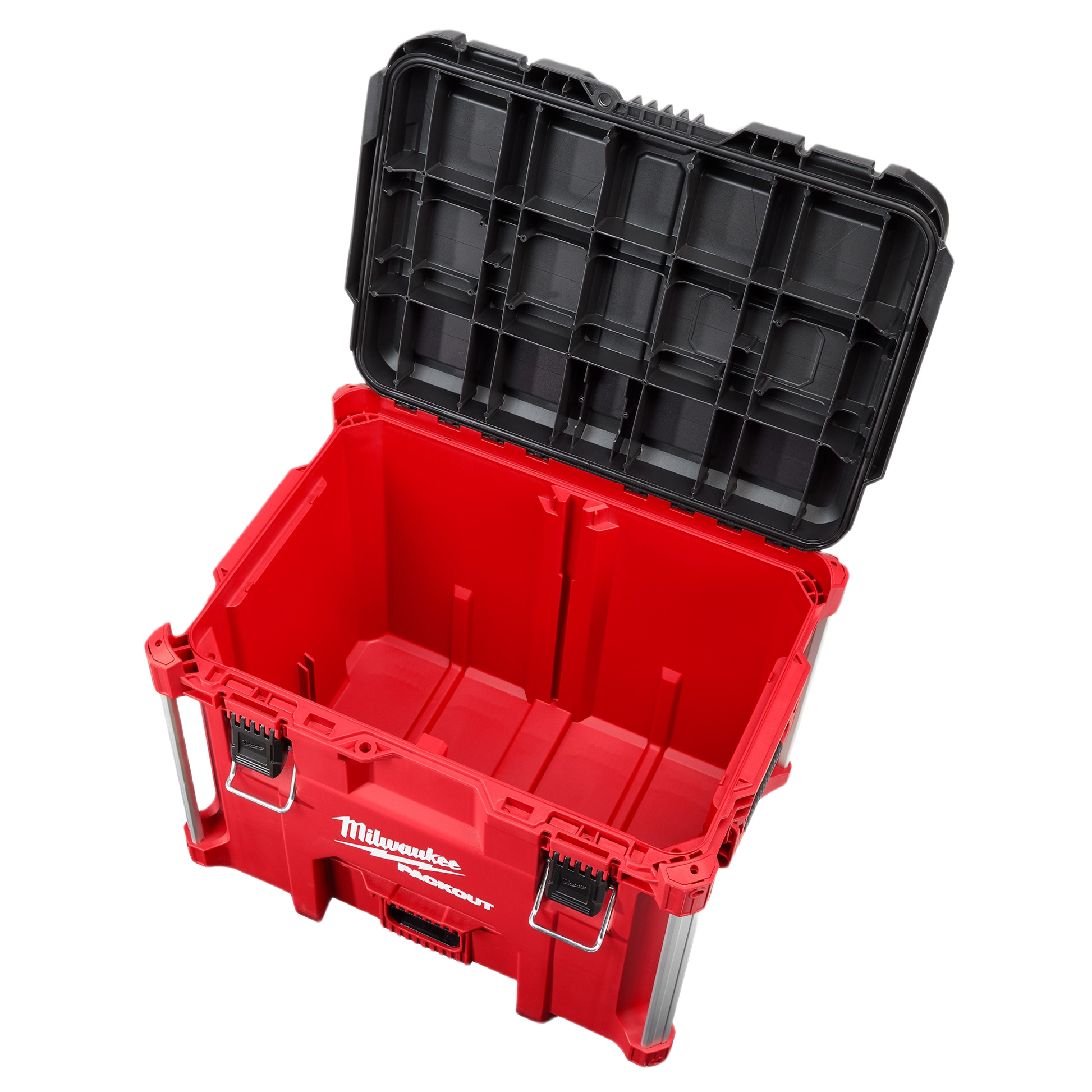 Large red and black jobsite storage box with hinged lid and metal reinforced edges for tool organization and protection