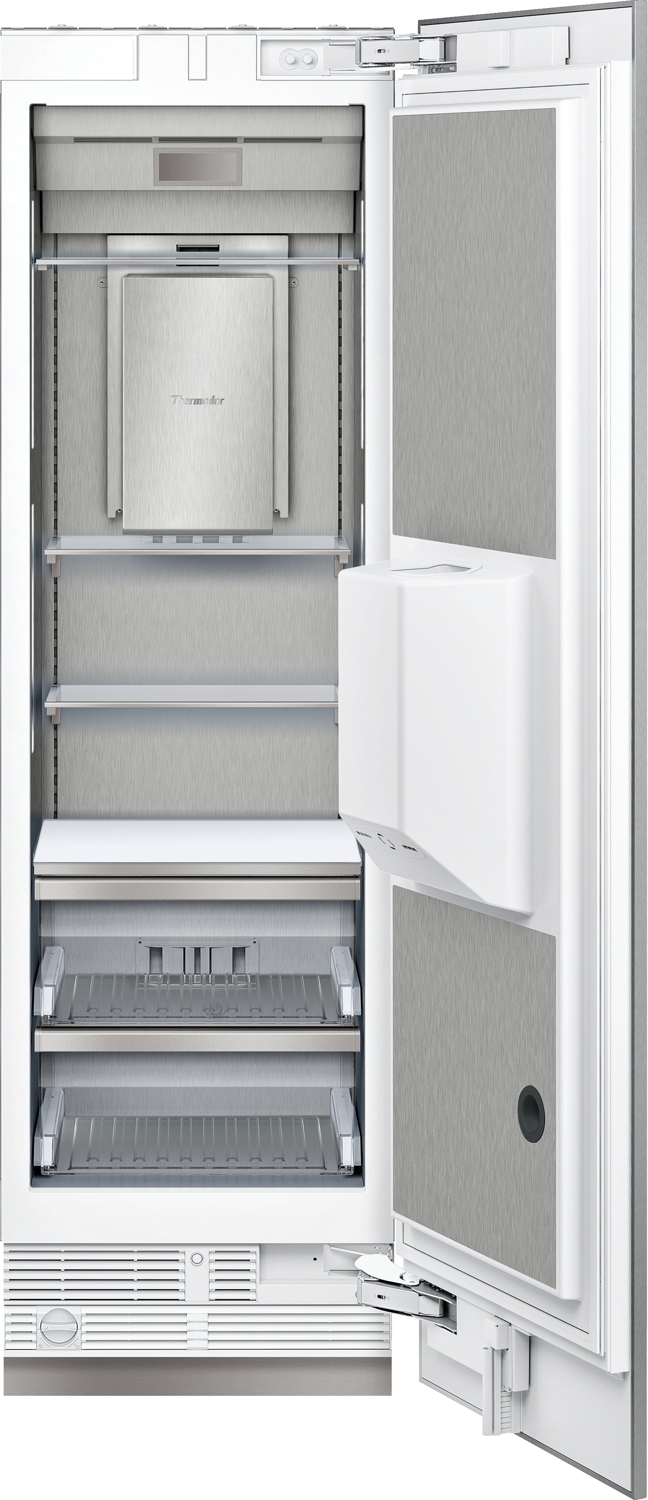 built-in freezer column with stainless steel interior, adjustable shelves, and external ice and water dispenser for kitchen appliances