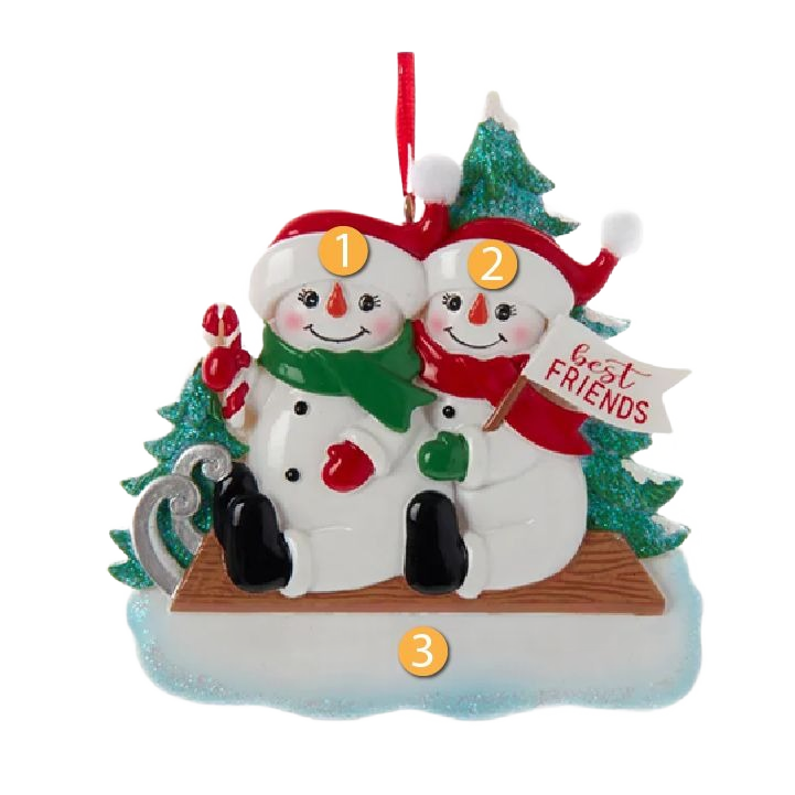 Pair of white snowmen wearing red and green scarves sitting on sled with Christmas tree for holiday decor collections