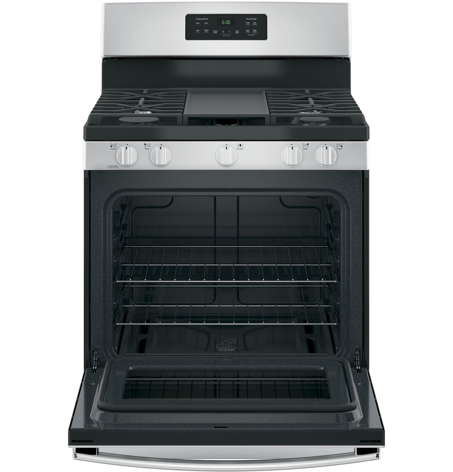 Front view of stainless steel gas range with open oven door, control knobs, and digital display in Kitchen & Kitchenware collection