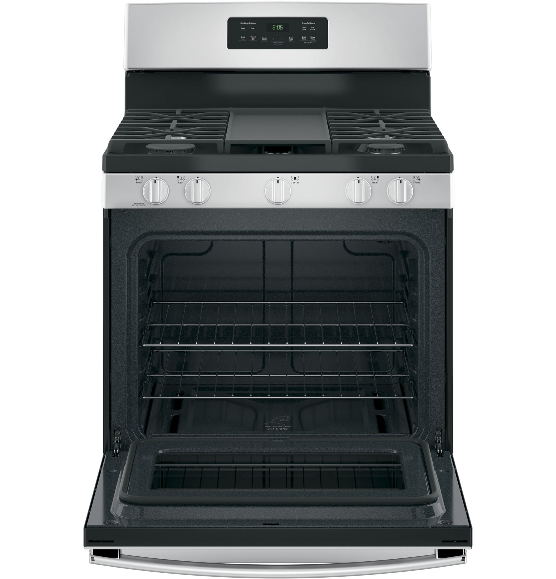 Front view of stainless steel gas range with open oven door, control knobs, and digital display in Kitchen & Kitchenware collection